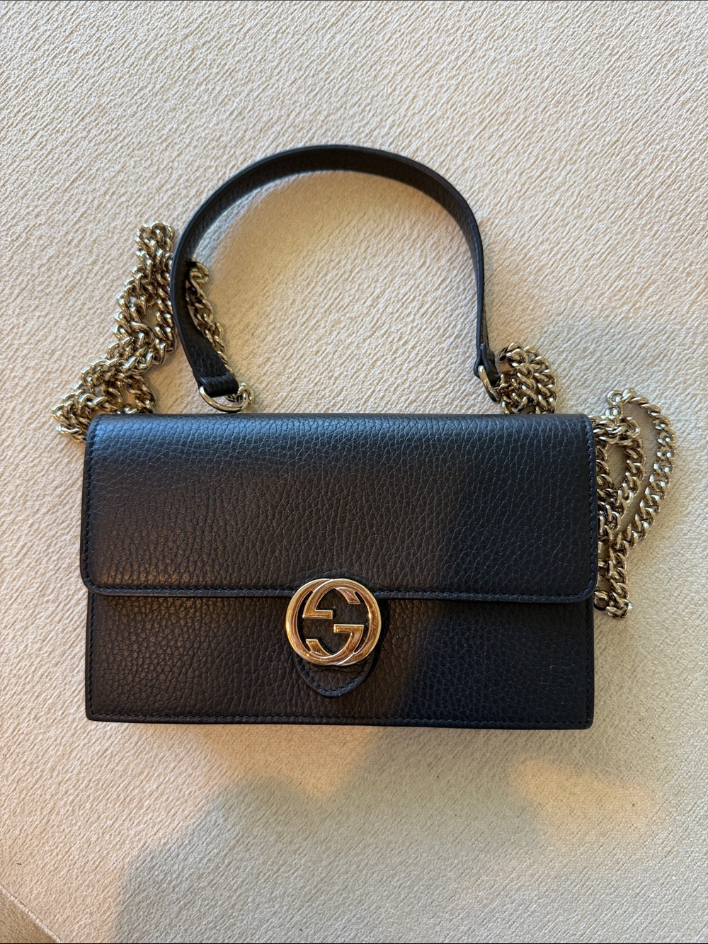 Gucci Black Leather Wallet with Gold Double G Emblem